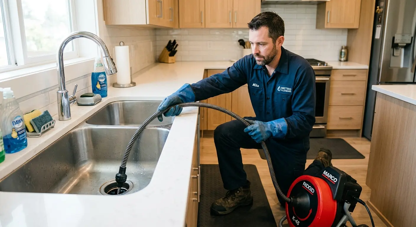 Drain cleaning technician using a motorized snake on a kitchen sink in Claremont