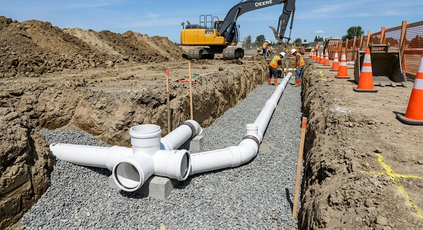 New PVC sewer pipe installation in open trench for Grease Trap Cleaning in Claremont