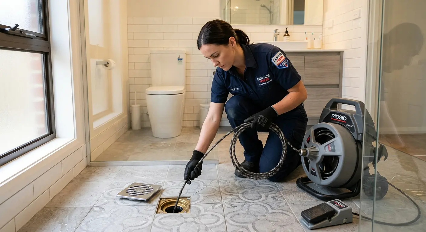 Technician clearing a bathroom floor drain for Drain Repair in Claremont